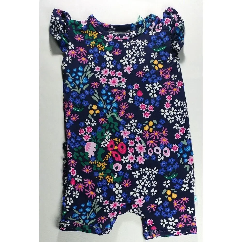 Posh Peanut Ruffled Cap Sleeve Short Length Romper 0-3 Months Endra Black Flower